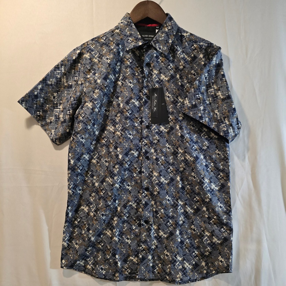Silver Stone Collection Men Geometric Print Short Sleeve Button‎ Up Shirt M